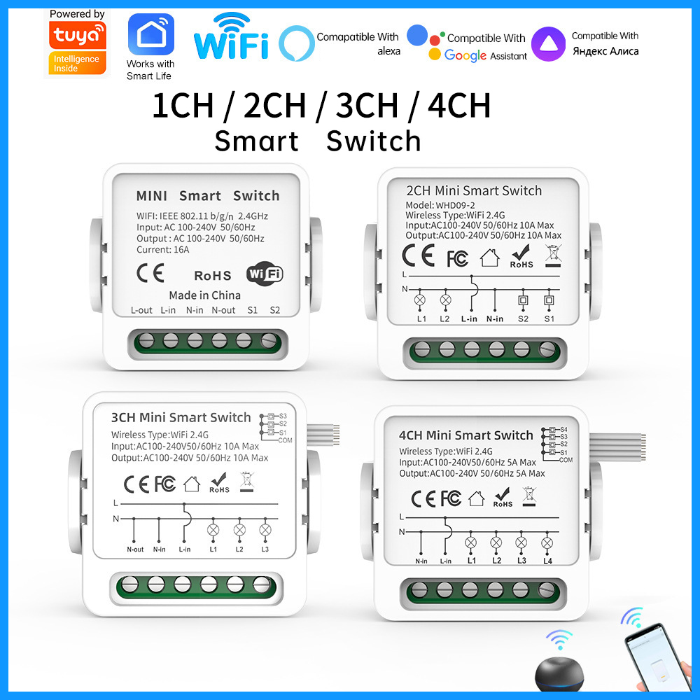 Tuya 4 Channel - Tuya WiFiスマートスイッチ 1/2/3/4連 4ウェイ ミニスマートライトブレーカー スマートライフ、アレクサ、グーグルホームの音声制御に対応