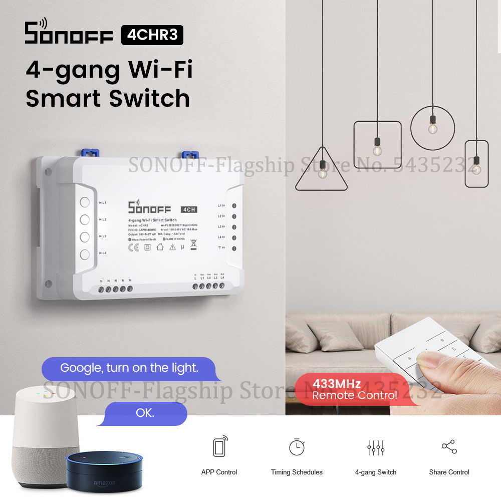 Sonoff - Itead sonoff 4ch r3 wifiワイヤレスリモコンリレーモジュールスイッチ4ギャングチャンネルライトタイマースイッチスマートホームオートメーション