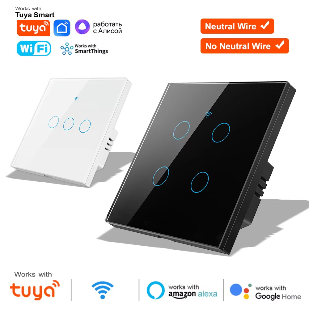 Smart Relay Tuya - 1 2 3 4連ギャングWiFi RF 433mhzタッチウォールライトスマートワイヤレススイッチ付き220Vニュートラル不要EU仕様Tuya
