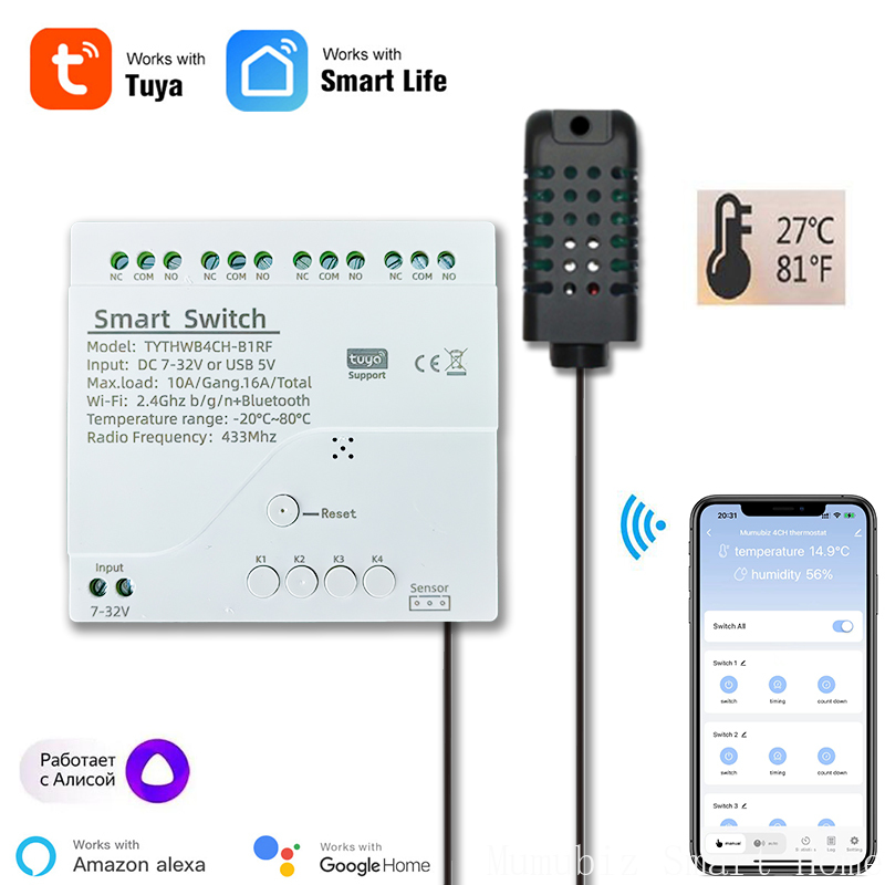 Tuya 4 Channel - Tuya スマート 7-32V WiFi 4 チャンネルリレー温度湿度センサーパッシブドライコンタクトスイッチ