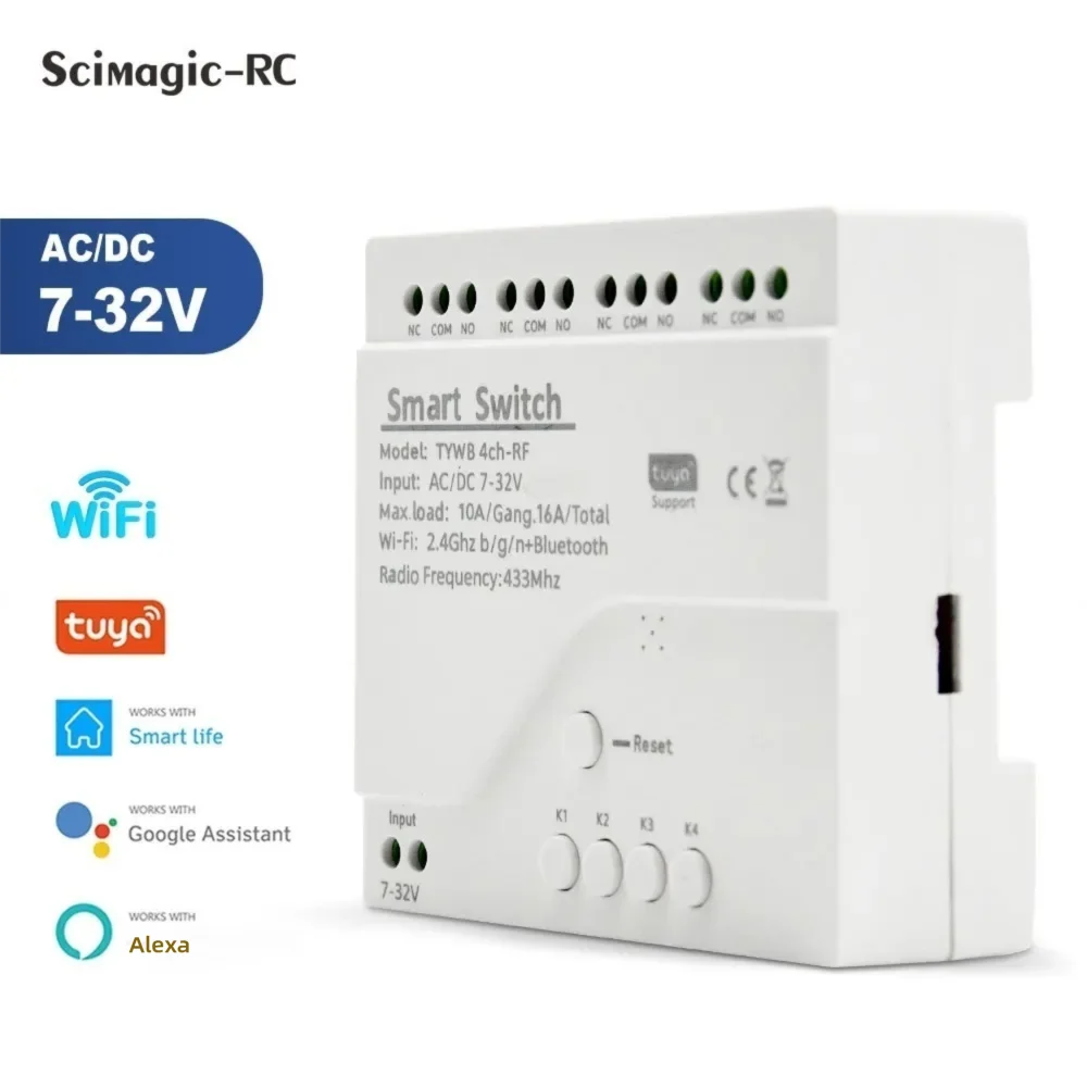 Tuya 4 Channel - Tuya-スマートwifiスイッチ,7-32v,85-250v,4チャンネル,レールハウジング,rf433,ステッチ,セルフロック,インターロック,alexaで動作
